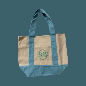 Spring Pastel Blue Embroidered Trader Joe's Mini Canvas Tote Bag 2025 EASTER